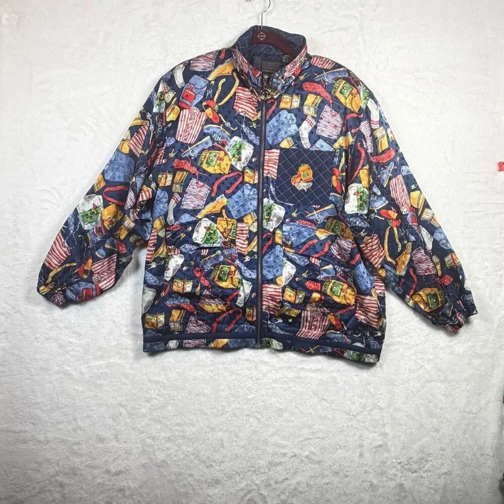 Vintage Mureli 100% Silk Jacket Medium Novelty Fashion Print Zip Bomber Shoulder
